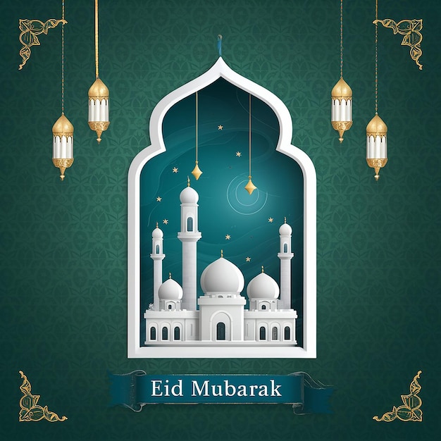Cartellino di auguri per l'Eid con moschea decorativa