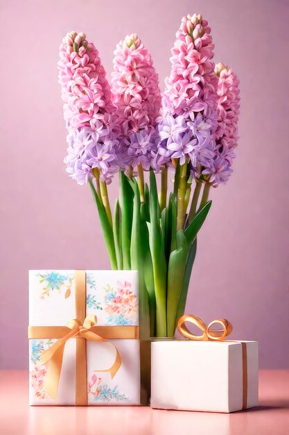 Cartellino di auguri per la Festa della Madre o la Festa delle Donne Bouquet di giacinte e scatola regalo