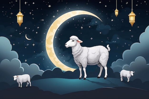 Cartellino di auguri per la festa di Eid Al Adha pecore sacrificali e mezzaluna