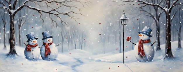 Cartellino di Natale con uomini di neve che tengono un ombrello nei dipinti decorativi di neve