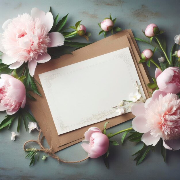 Cartellino di saluto o invito in bianco e fiori di peonia ai generativi