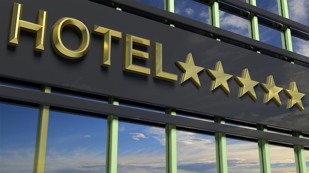 Cartello dell'hotel in vetro metallico con testo a cinque stelle dorate e grattacieli come sfondo