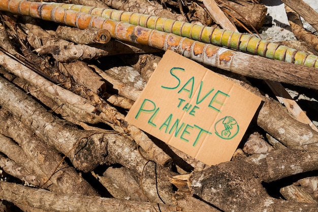 Cartello di cartone scritto Salva il pianeta su un mucchio di alberi tagliati