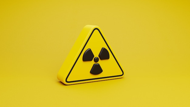 Cartello giallo e nero di radiazione con simbolo. Progettazione di cautela nucleare su sfondo giallo 3d
