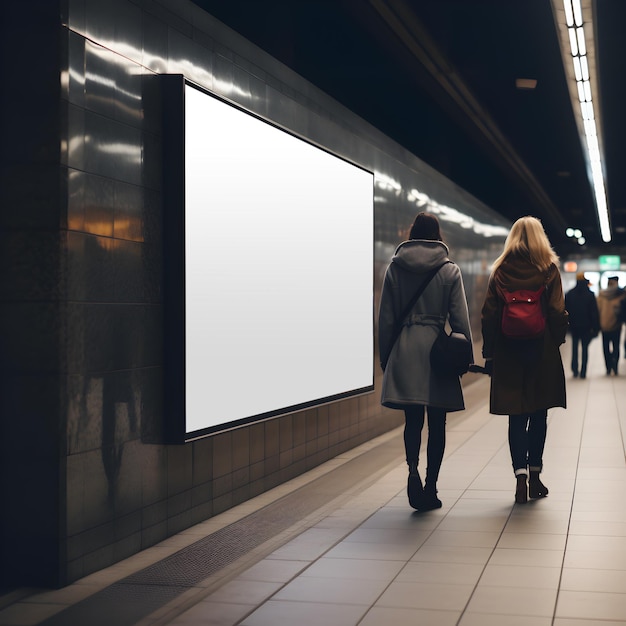 cartellone bianco sul muro della metropolitana con persone che passano per mockup