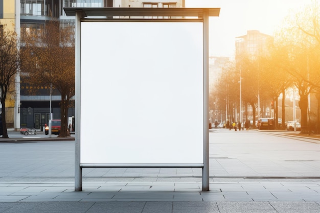 Cartellone bianco verticale vuoto alla fermata dell'autobus sulla strada cittadina Illustrazione AI generativa