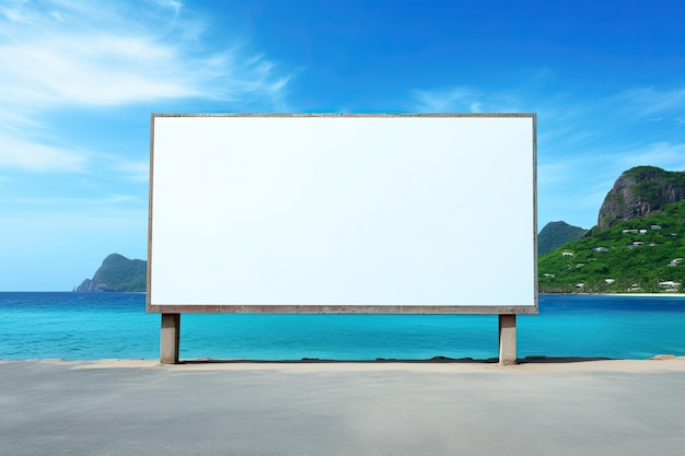 cartellone bianco vuoto su una spiaggia paradisiaca con l'oceano blu