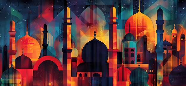 Cartellone di congratulazioni del Ramadan Kareem con una moschea astratta e torri di preghiera