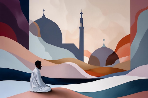 Cartellone di congratulazioni del Ramadan Kareem con una moschea e una figura che prega in stile geometrico