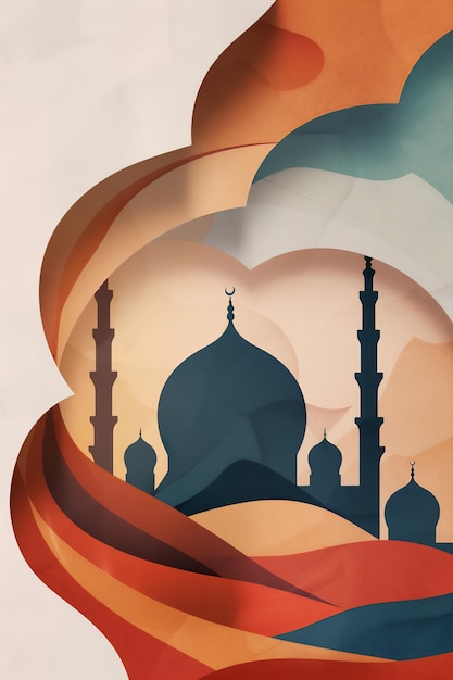 Cartellone di congratulazioni del Ramadan Kareem con una moschea in composizione verticale in stile taglio di carta