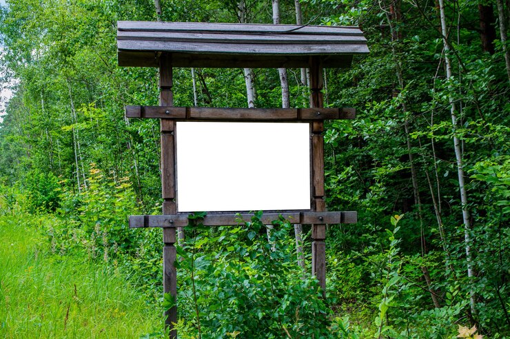 Cartellone pubblicitario all'aperto sul ciglio della strada sullo sfondo della foresta