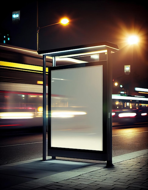 Cartellone pubblicitario illuminato per strada di notte, creato con intelligenza artificiale generativa