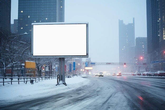 Cartellone pubblicitario mockup per pubblicità esterna sulla strada di una città invernale sotto la neve