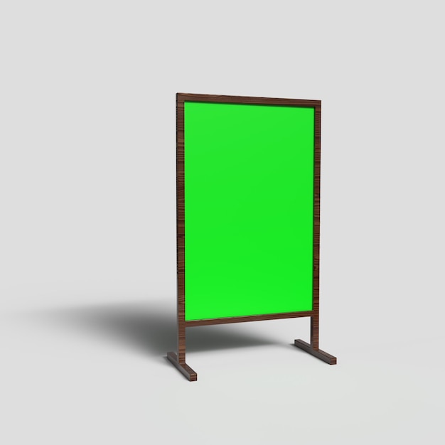 Cartellone pubblicitario per esterni con schermo verde vuoto con supporto in legno sul modello di simulazione del pavimento incluso c