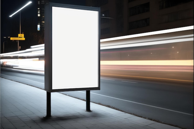 Cartellone pubblicitario vuoto in piazza all'aperto con sfondo al neon sul marciapiede