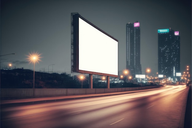 Cartellone pubblicitario vuoto in un'autostrada all'aperto quadrata di grandi dimensioni di notte