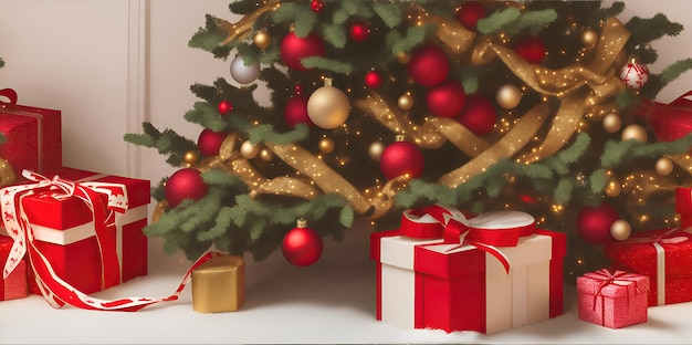 Cartolina con albero di Natale invernale e regali o regali
