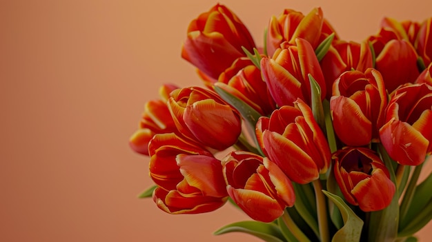 Cartolina con un bouquet di tulipani su uno sfondo rosa congratulazioni per le festività internazionali e