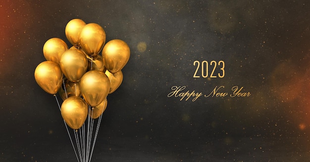 Cartolina d'auguri di felice anno nuovo 2023 Palloncini d'oro su sfondo nero