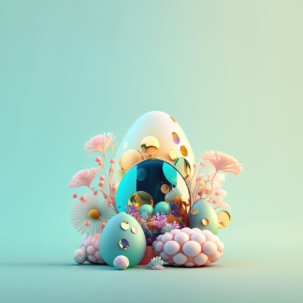 Cartolina d'auguri di Pasqua colorata con uova 3D lucide e ornamenti floreali