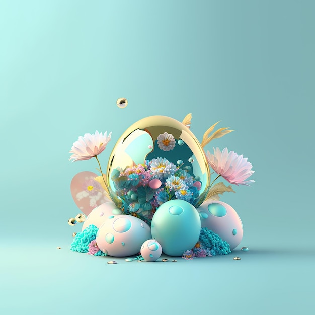 Cartolina d'auguri di Pasqua colorata con uova e fiori 3D lucidi