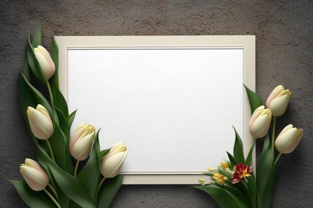 Cartolina d'auguri di piccoli tulipani in piccolo bordo del tabellone vuoto