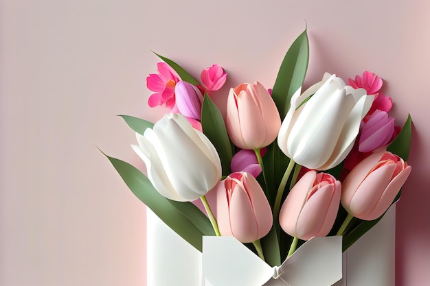 Cartolina d'auguri e tulipani su fondo di legno bianco per la festa della mamma Ai generativa