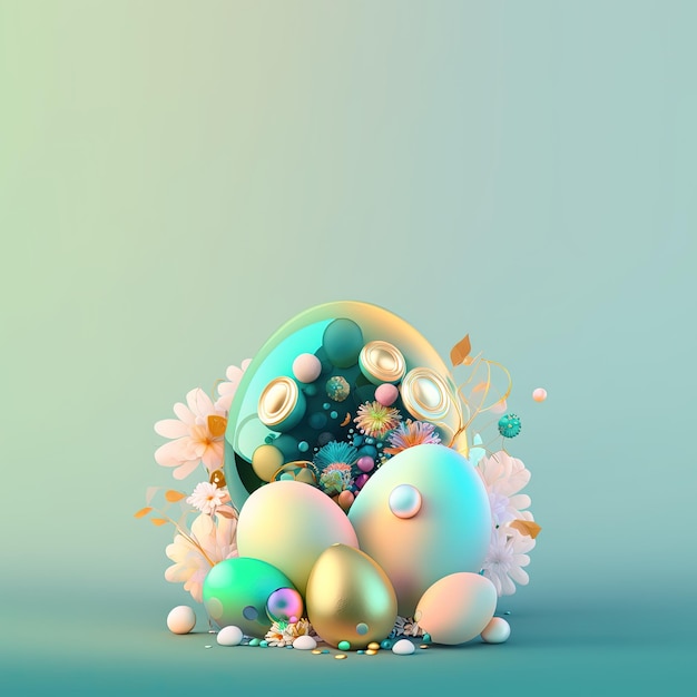 Cartolina d'auguri felice del partito di Pasqua con lo spazio della copia nelle uova 3D lucide e negli ornamenti del fiore