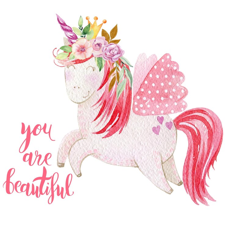 Foto cartolina d'auguri magica dell'acquerello di unicorno carino sei bellissima