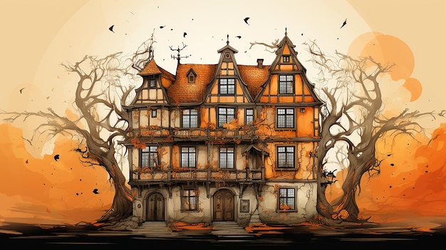 cartolina d'autunno la facciata della casa decorata per Halloween in toni arancione colore pastello morbido sfondo chiaro autunno