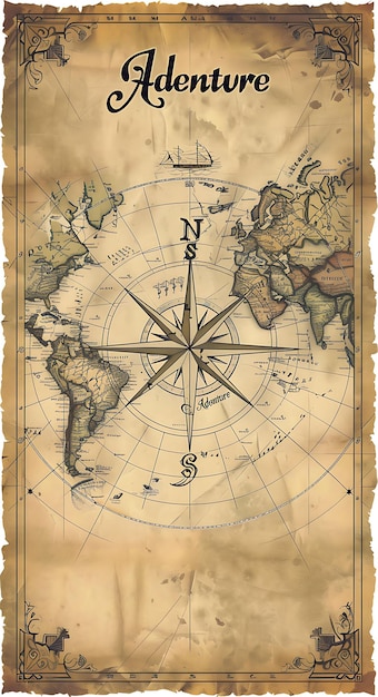 Cartolina della mappa del mondo antico con intricata bussola Rose Border Illustrazione Cartolina vintage decorativa