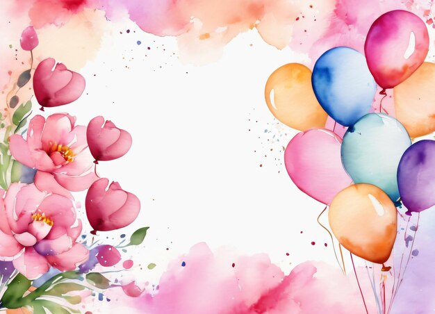 Cartolina di auguri ad acquerello sullo sfondo del compleanno con fiori e palloncini