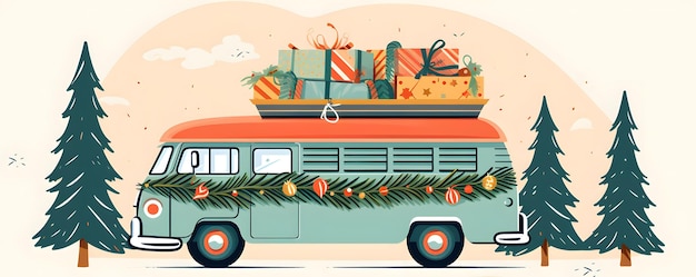 Cartolina di auguri con furgone retro sul tetto della roulotte albero di Natale e regali camion di Natale spirito