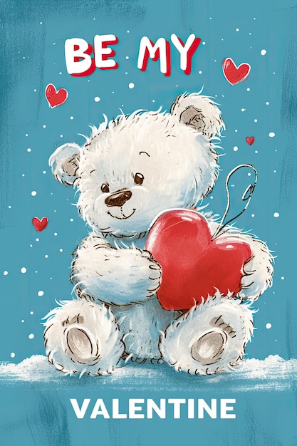 Cartolina di auguri con un orsacchiotto felice che tiene un cuore rosso amore e concetto del giorno di San Valentino