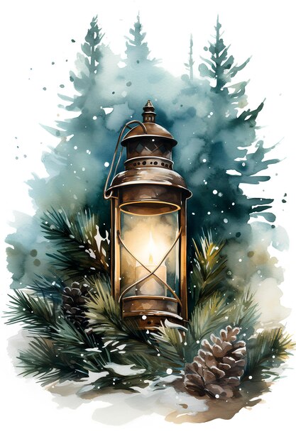 cartolina di auguri di Natale con lanterna e rami di abete