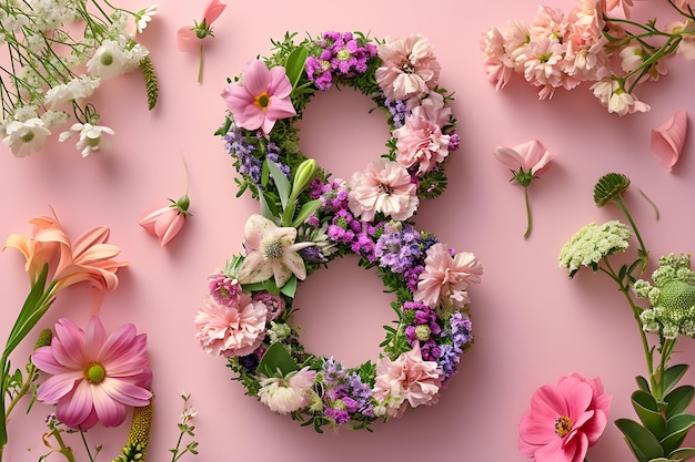 Cartolina di fiori di primavera per la Giornata Internazionale della Donna sullo sfondo rosa AI generativa