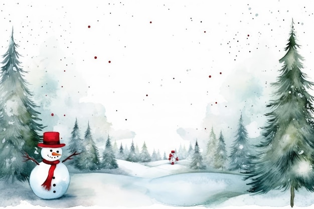 Cartolina di Natale ad acquerello con pupazzo di neve e palle di Natale rosse