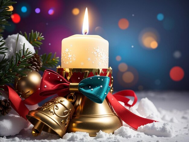Cartolina di Natale con campane d'oro fiocchi di neve di abete verde