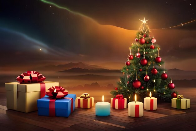 cartolina di Natale con un albero di Natale e regali.