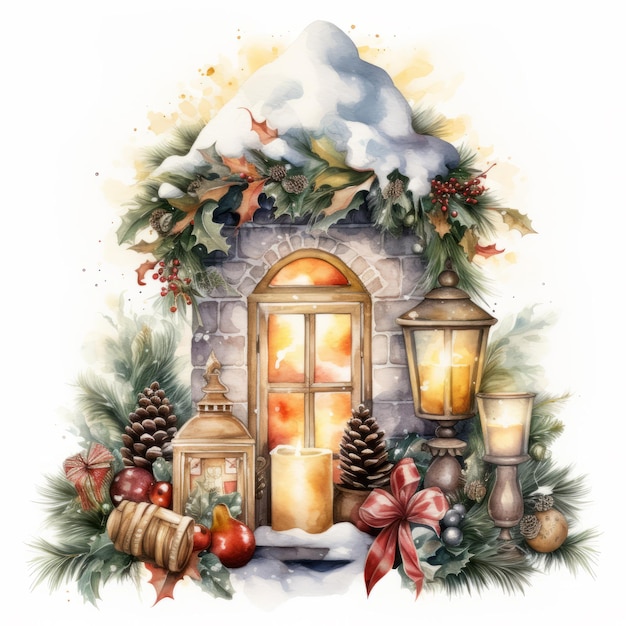 Cartolina di Natale dell'acquerello con candele e rami di abete Illustrazione per inviti di cartoline