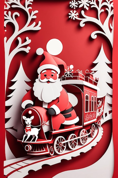 cartolina di Natale di Babbo Natale e cervo xmas treno tagliato carta illustrazione sfondo rosso