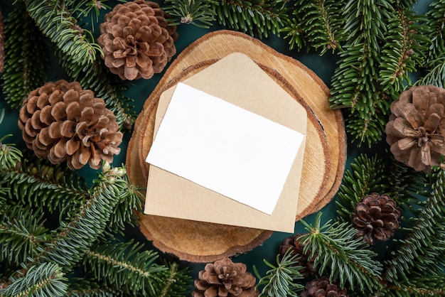 Cartolina di Natale e busta in bianco tra rami di abete e pigne sul verde da vicino