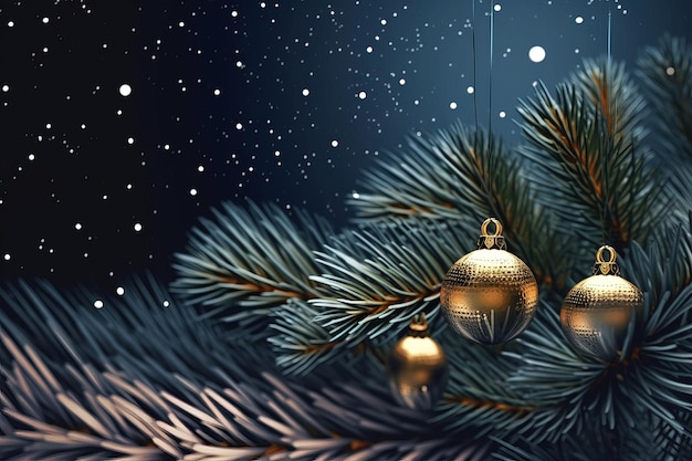 Cartolina di Natale e Capodanno con decorazioni per l'albero di Natale vicino al ramo di un albero di Natale Generazione AI