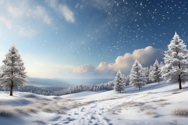 Cartolina di Natale paesaggio nevoso invernale fiocchi di neve che cadono dal panorama del cielo