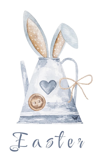 Cartolina di Pasqua con l'irrigazione può orecchio di coniglio e testo acquerello arte acquerello carino vacanza di primavera