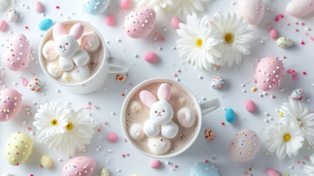Cartolina di Pasqua minimalista con coniglietti di marshmallow al cioccolato caldo e uova di Pasqua color pastello