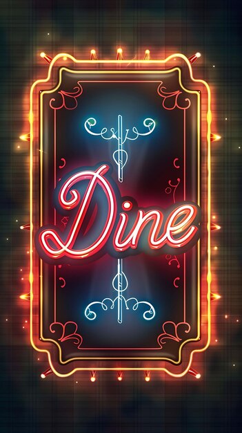 Cartolina di ristorante retrò con un cartello al neon Dine in illustrazione retrò Cartolina decorativa vintage