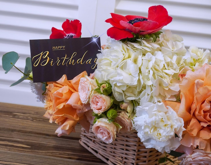 Foto cartolina internet con un augurio di compleanno con l'iscrizione felice compleanno un bouquet