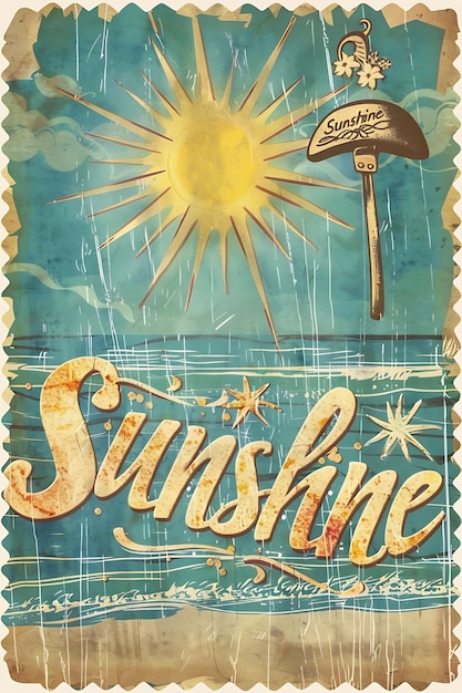 Cartolina nostalgica di mare con bordi scalpati Illustrazione di sole Cartolina vintage decorativa