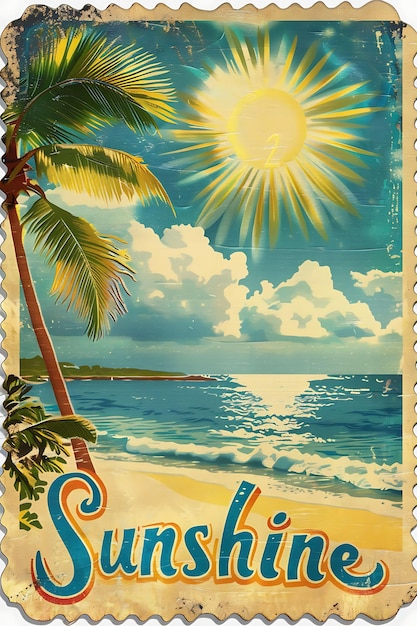Cartolina nostalgica di mare con bordi scalpati Illustrazione di sole Cartolina vintage decorativa